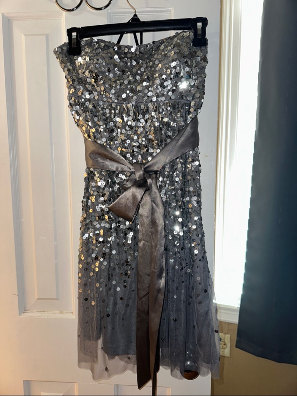 Like new. Strapless Sequin Cocktail Dress with Satin Bow